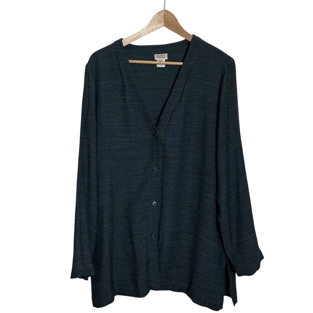 Eileen Fisher Large Rayon Wool Lightweight Textured Shirt Blue Grey Oversized